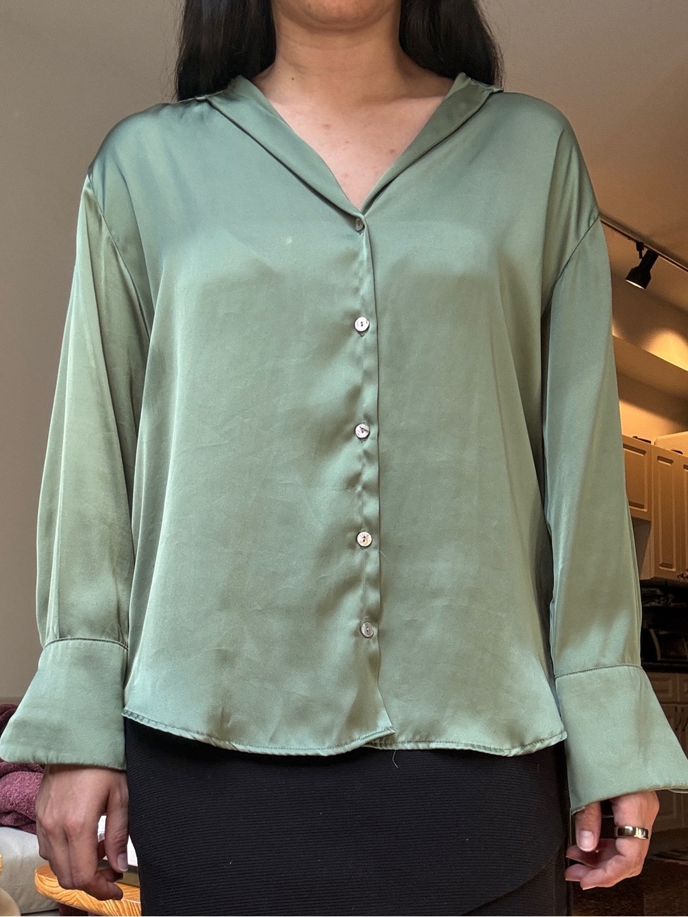 Zara Satin Button-Front Blouse in Sage Green